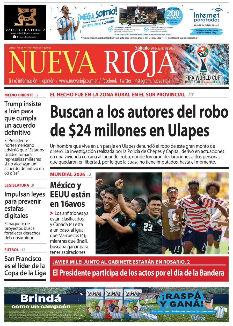 Tapa de edición impresa de fecha 20.06.2026