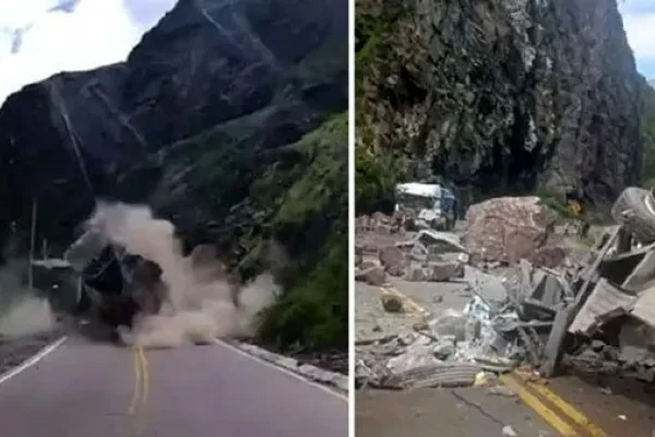 Enormes piedras cayeron desde una ladera y aplastaron a dos camiones