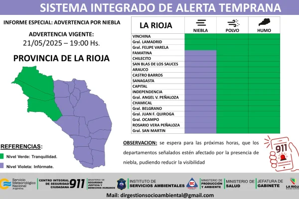 Difunden alerta por niebla para casi todo el territorio provincial