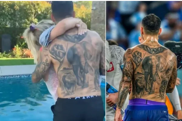 Wanda Nara con un futbolista de la Selección argentina con el torso desnudo