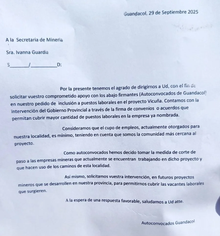 La nota presentada a la Secretaría de Minería