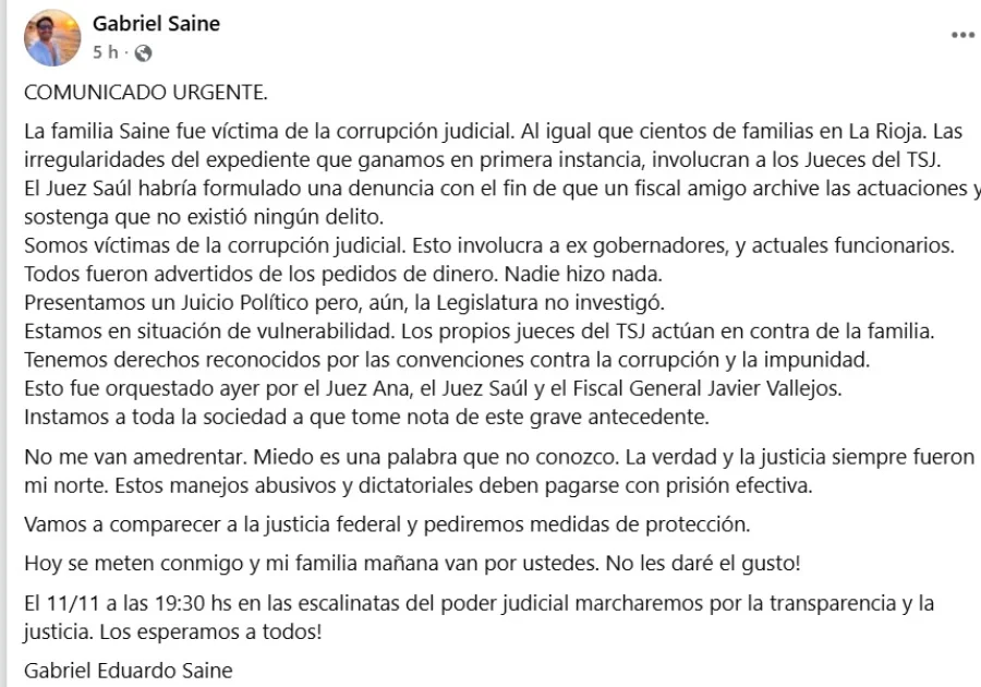 El posteo en redes sociales donde Gabriel Saine, denunció públicamente al TSJ rápidamente se viralizó y recibió cientos de comentarios en apoyo