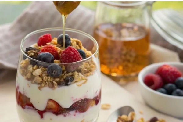 Yogur griego marmolado con miel y frutos rojos
