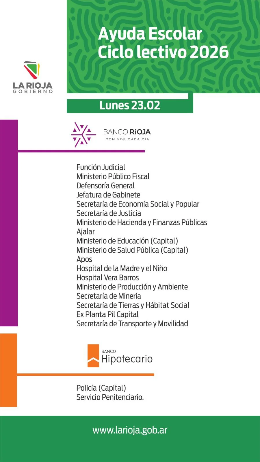 Cronograma oficial de pago de la Ayuda Escolar 2026 difundido por el Gobierno provincial.