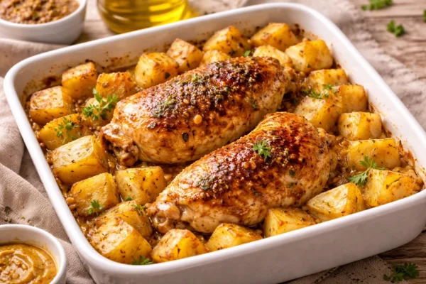 Pollo al horno con papas y mostaza