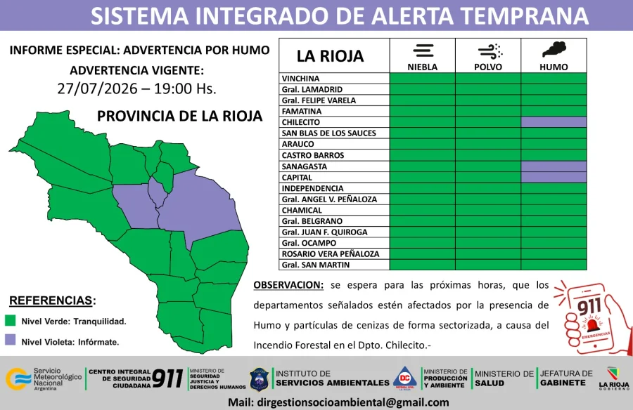 Advertencia por humo y partículas de cenizas, con vigencia para la noche de hoy y madrugada de mañana, martes 28/07.