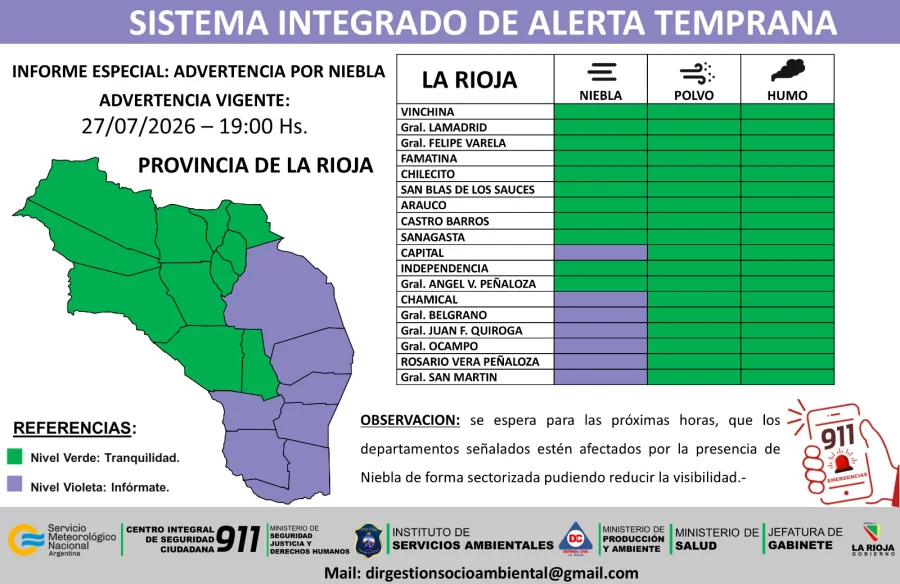 Advertencia por niebla sectorizada, con vigencia para la noche de hoy y madrugada de mañana, martes 28/07.